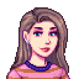 Illustrated Stardew Valley-style portrait of Kachel, wearing a purple and orange striped shirt, with long light brown hair.